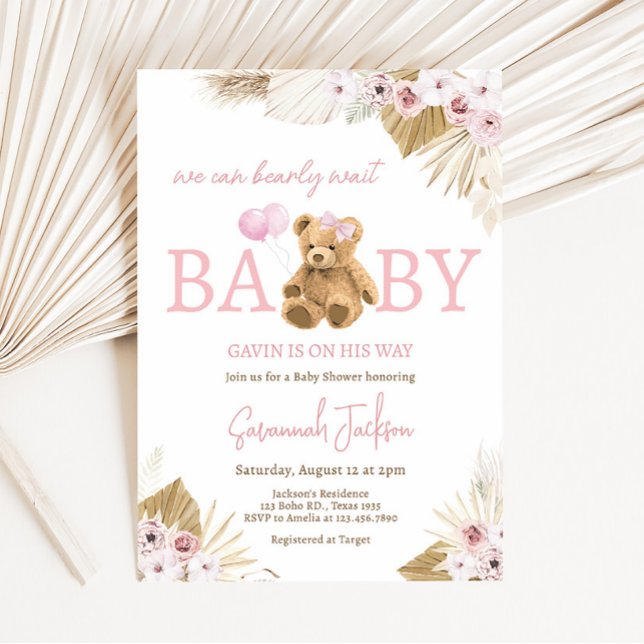 Convites Chá de fraldas do Urso Rosa Boho (Pink Pampas Grass Teddy Bear Baby Shower Invitation)