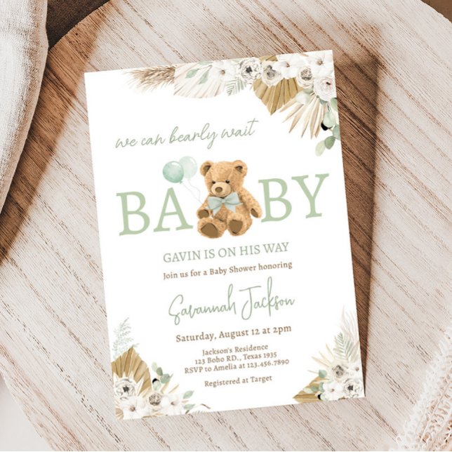 Convites Chá de fraldas do Urso Verde Boho (Gender Neutral Bear Baby Shower Invitation)