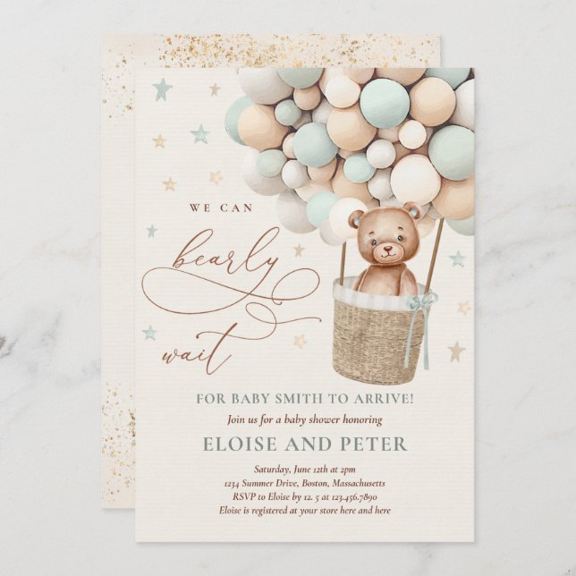 Convites Chá de fraldas do Urso Verde do Balão do Urso (Frente/Verso)