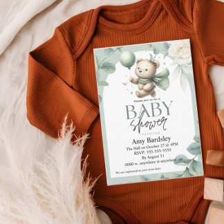 Convites Chá de fraldas do Urso Verde Sage