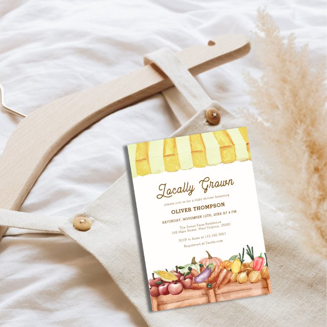 Convites Chá de fraldas do Veggie da Fazenda cultivada loca (Locally Grown Farm Veggie Fruits Baby Shower Invitation)