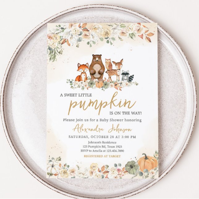 Convites Chá de fraldas do Woodland (Woodland Animals Fall Pumpkin Baby Shower Invitation)