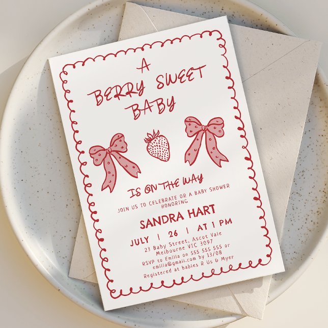 Convites Chá de fraldas doce de morango vermelho de mão (Hand Drawn Strawberry Baby Shower Invitation Template Red, Berry Baby Shower Invitation Hand Drawn )