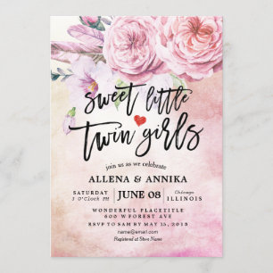 Convites Chá de fraldas Doce Pequenas Garotas Gêmeas Boho F
