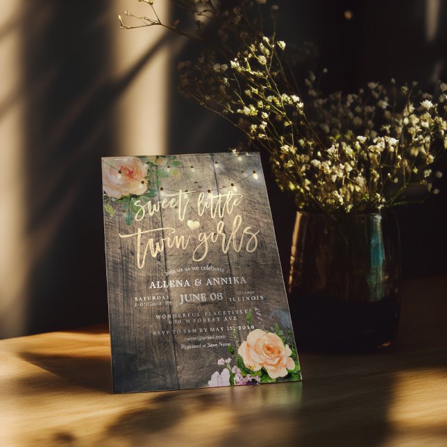 Convites Chá de fraldas Doce Pequenas Garotas Gêmeas Flores (Criador carregado)