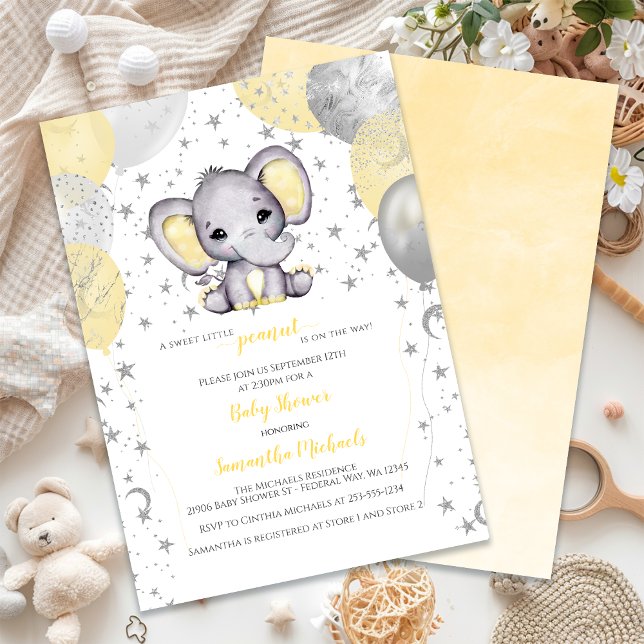 Convites Chá de fraldas dos Balões Amarelos de Elefante Cuj (Cute Elephant Yellow Balloons Baby Shower Invitation)