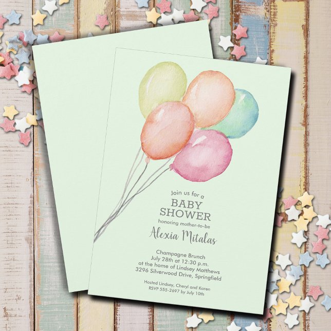 Convites Chá de fraldas dos Balões de Aquarela (Watercolor balloons unisex baby shower invitations, PRINTED and/or INSTANT DOWNLOAD)