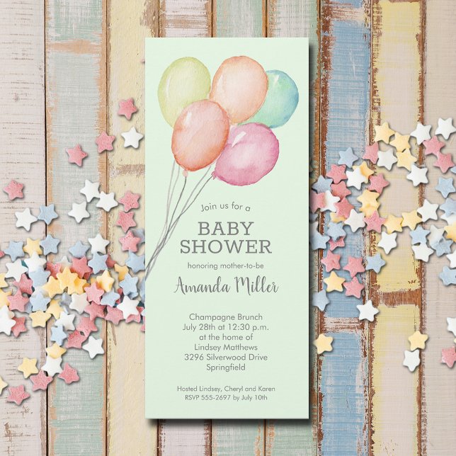 Convites Chá de fraldas dos Balões de Aquarela (Watercolor balloons unisex baby shower invitations, PRINTED and/or INSTANT DOWNLOAD)