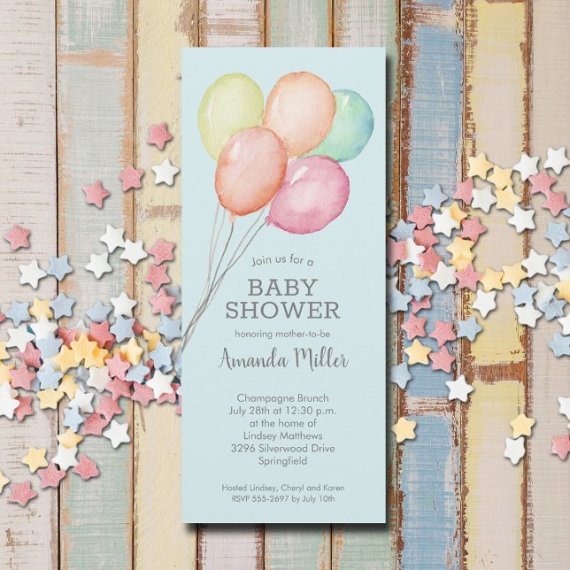 Convites Chá de fraldas dos Balões de Aquarela (Watercolor balloons boy baby shower invitations, PRINTED and/or INSTANT DOWNLOAD)