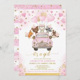 Convites Chá de fraldas dos Balões Dourados Cor-de-rosa dia