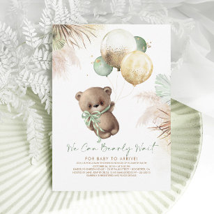 Convites Chá de fraldas dos Balões Verdes do Urso Castanho