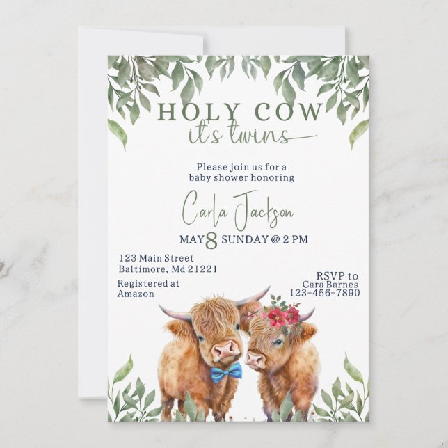 Convites chá de fraldas dos gêmeos verdes das vacas da plan (Frente)