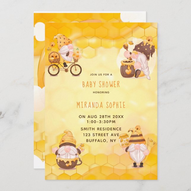 Convites Chá de fraldas dos Gnomos das Abelhas Honeycomb (Frente/Verso)