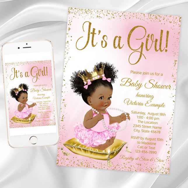 Convites Chá de fraldas Dourado afro-americano rosa (Pink Gold African American Princess Baby Shower Invitation. Download & printed invitations available)