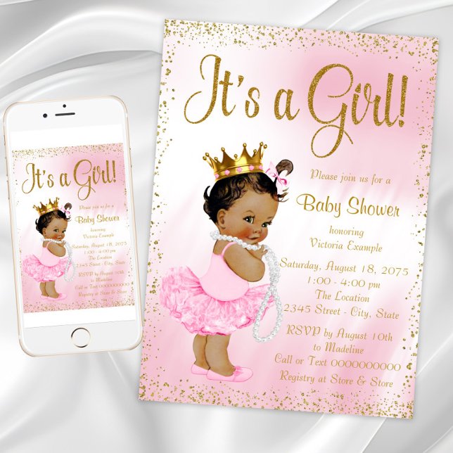 Convites Chá de fraldas Dourado afro-americano rosa (Pink Gold African American Princess Baby Shower Invitation. Download - Printed invitations available)