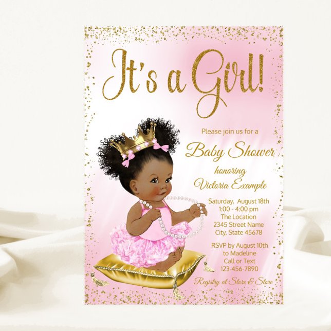 Convites Chá de fraldas Dourado afro-americano rosa (Adorable pink and gold princess baby shower invitation. Simply add your event details.)