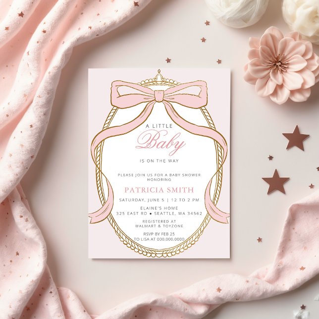 Convites Chá de fraldas Dourado Arco Rosa Coquette da Princ (Gold Princess Coquette Pink Bow Baby Shower Invitation)