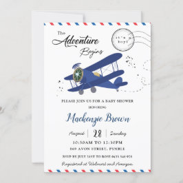 Convites Chá de fraldas Dourado Azul de Avião Vintage