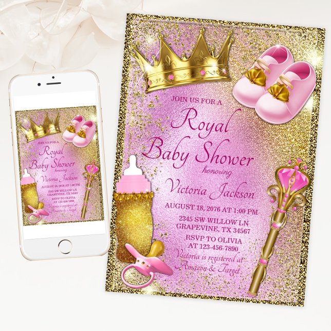 Convites Chá de fraldas Dourado da Princesa Real Rosa (Pink gold princess baby shower invitation with cute princess things. For print and download.)