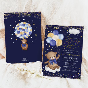 Convites Chá de fraldas Dourado de Balões de Urso de Teddy 