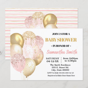 Convites chá de fraldas Dourado de balões rosa brilhante