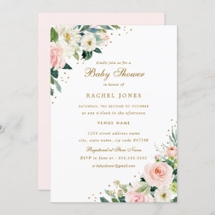 Convites Chá de fraldas Dourado de Casamento Rosa-Blush Flo