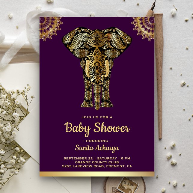 Convites Chá de fraldas Dourado de Elefante Indígena Roxo (Criador carregado)