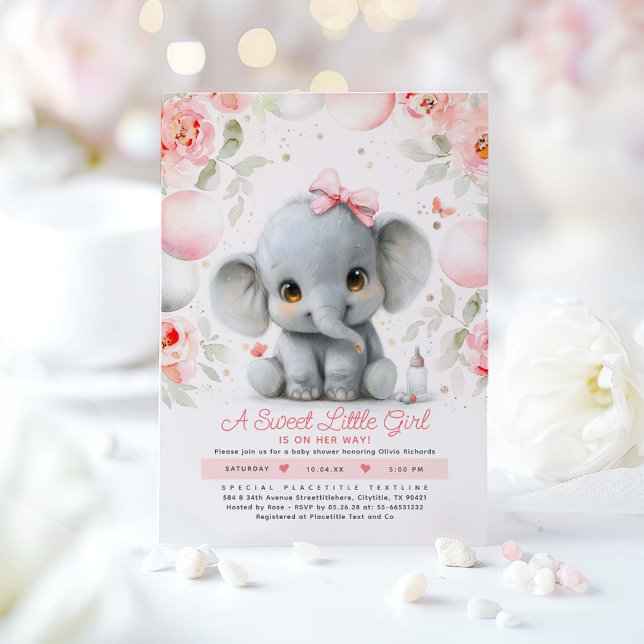 Convites Chá de fraldas Dourado de Elefante Rosa Blush (Elephant Girl Baby Shower Invitation)