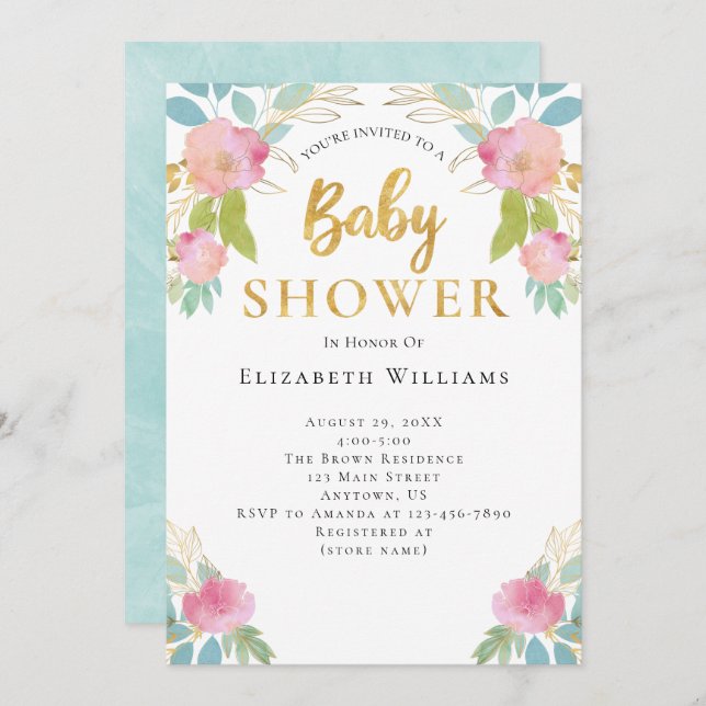 Convites Chá de fraldas Dourado de Flores de Água com  Teto (Frente/Verso)