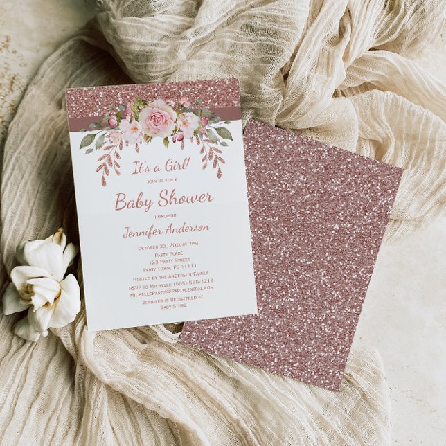 Convites Chá de fraldas Dourado de Garota Rosa Rosa Rosa Ro (Criador carregado)