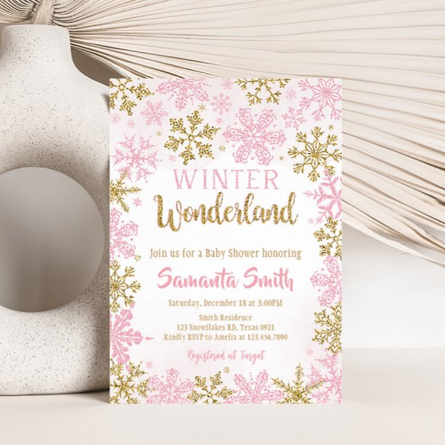 Convites Chá de fraldas Dourado de inverno na Wonderland (Pink Gold Winter Wonderland Baby Shower Invitation)