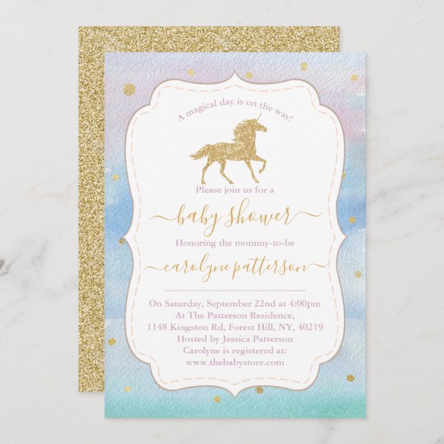 Convites Chá de fraldas Dourado de Unicórnio Glitter (Frente/Verso)