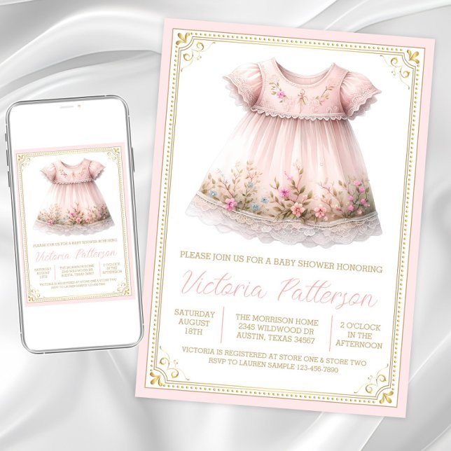Convites Chá de fraldas Dourado de Vestido de Flor Selvagem (Sweet blush pink gold baby shower invitation. Instant download and printed invitations available.)