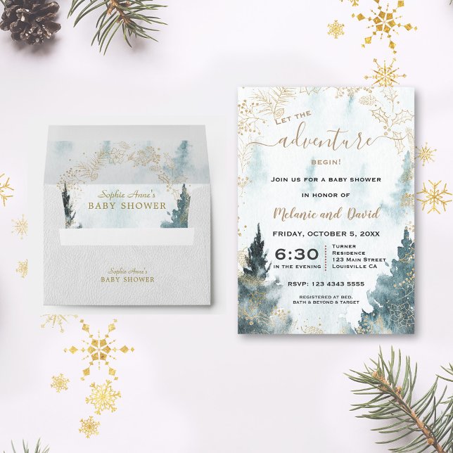 Convites Chá de fraldas Dourado de Wreath na Cena de invern (winter evergreen pine baby shower invitation, trendy winter baby shower, green gold baby shower )