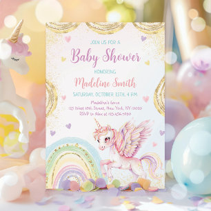 Convites Chá de fraldas Dourado do Unicorn Rainbow Pink