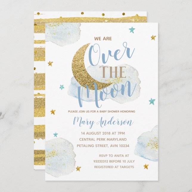 Convites Chá de fraldas Dourado e azul de Lua de Aquarela (Frente/Verso)