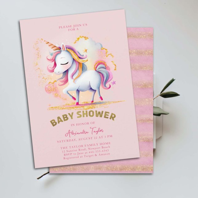 Convites Chá de fraldas Dourado e Mágico do Unicórnio Rainb (unicorn girl baby shower invitation magical whimsical gold rainbows clouds watercolor illustration)