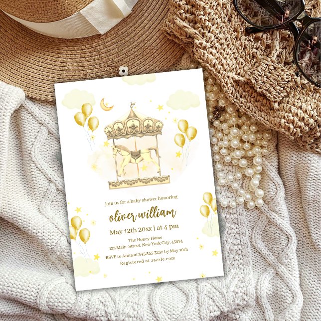 Convites Chá de fraldas Dourado Elegante do Balão Mágico Ca (Gold Elegant Magical Balloon Carousel Baby Shower Invitation)