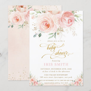Convites Chá de fraldas Dourado Floral Cor-de-rosa esmagad
