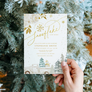 Convites Chá de fraldas Dourado Floral de Inverno com Floco