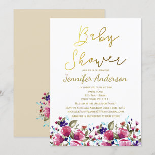 Convites Chá de fraldas Dourado Floral de Rosa Rosa, Cor d