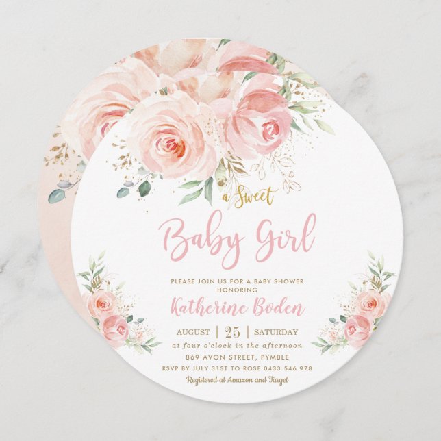 Convites Chá de fraldas Dourado Floral Rosa-Blush Elegante (Frente/Verso)
