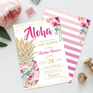 Convites Chá de fraldas Dourado Floral Rosa de Abacaxi Tro