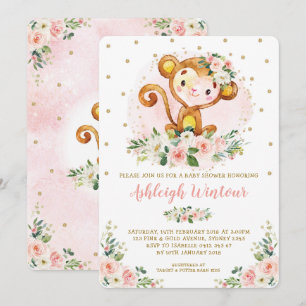 Convites Chá de fraldas Dourado Floral Rosa-Rosa