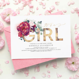 Convites Chá de fraldas Dourado Floral Vermelho Brilhante