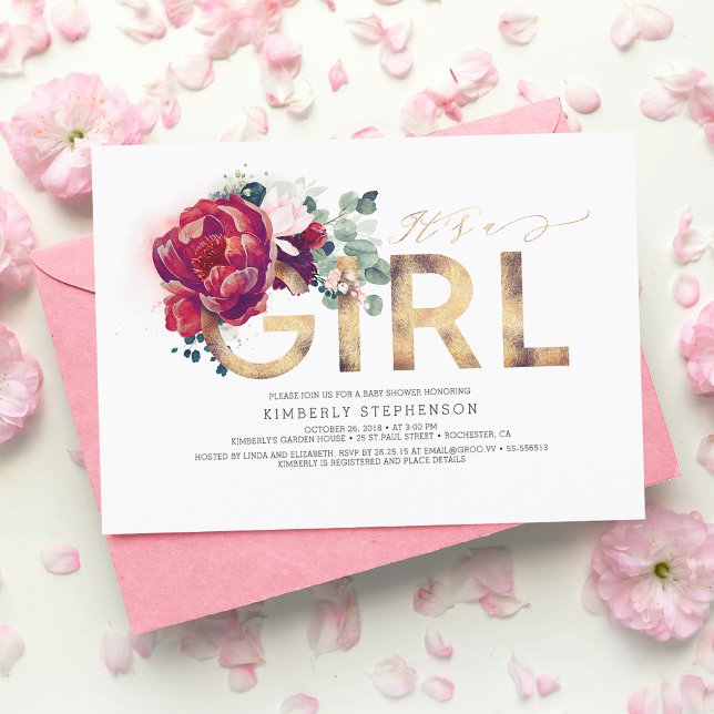 Convites Chá de fraldas Dourado Floral Vermelho Brilhante (Criador carregado)