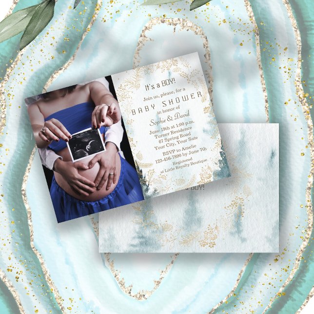 Convites Chá de fraldas Dourado Foto do Winter Greenery Wre (photo baby shower, winter baby shower invite, trendy watercolour winter scenery baby shower, gold)