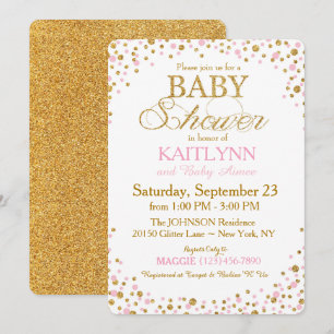 Convites Chá de fraldas Dourado Glitter e Pink Sprinkle