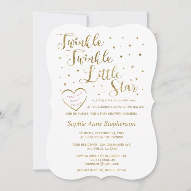 Convites Chá de fraldas Dourado Glitter Twinkle Girl (Frente)