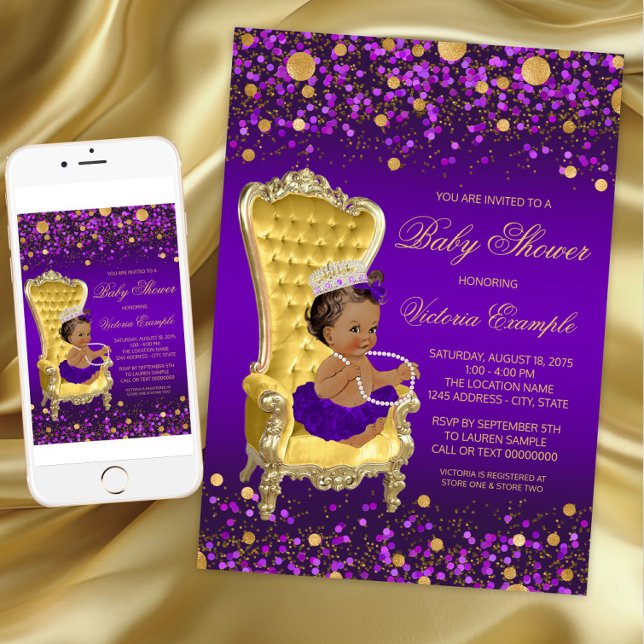Convites Chá de fraldas Dourado princesa roxa americana afr (Purple Gold Princess Baby Shower Invitation. Instant download and printed invitations available.)